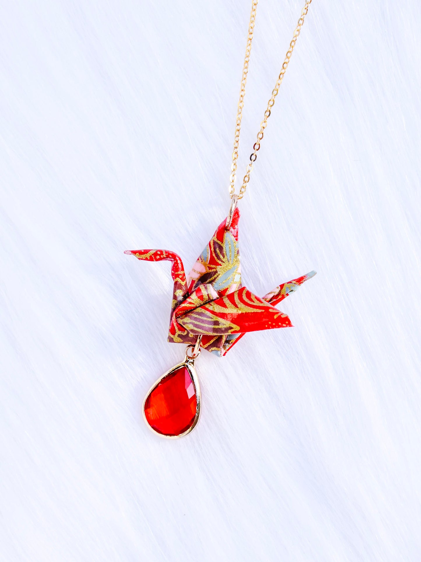Origami-Necklace-Crane-Gold-Chain-Red-Gemstone