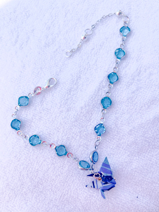 Sapphire Sky Soar Blue Crane Origami Bracelet with Glass Beads