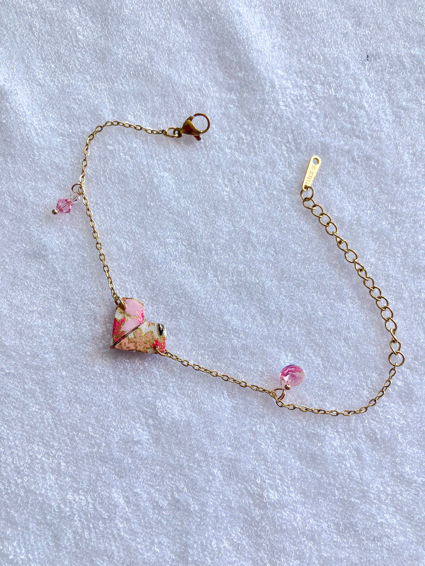 Origami-Love-Heart-Bracelet-Swarovski-Crystals-Gold-Chain-Pink