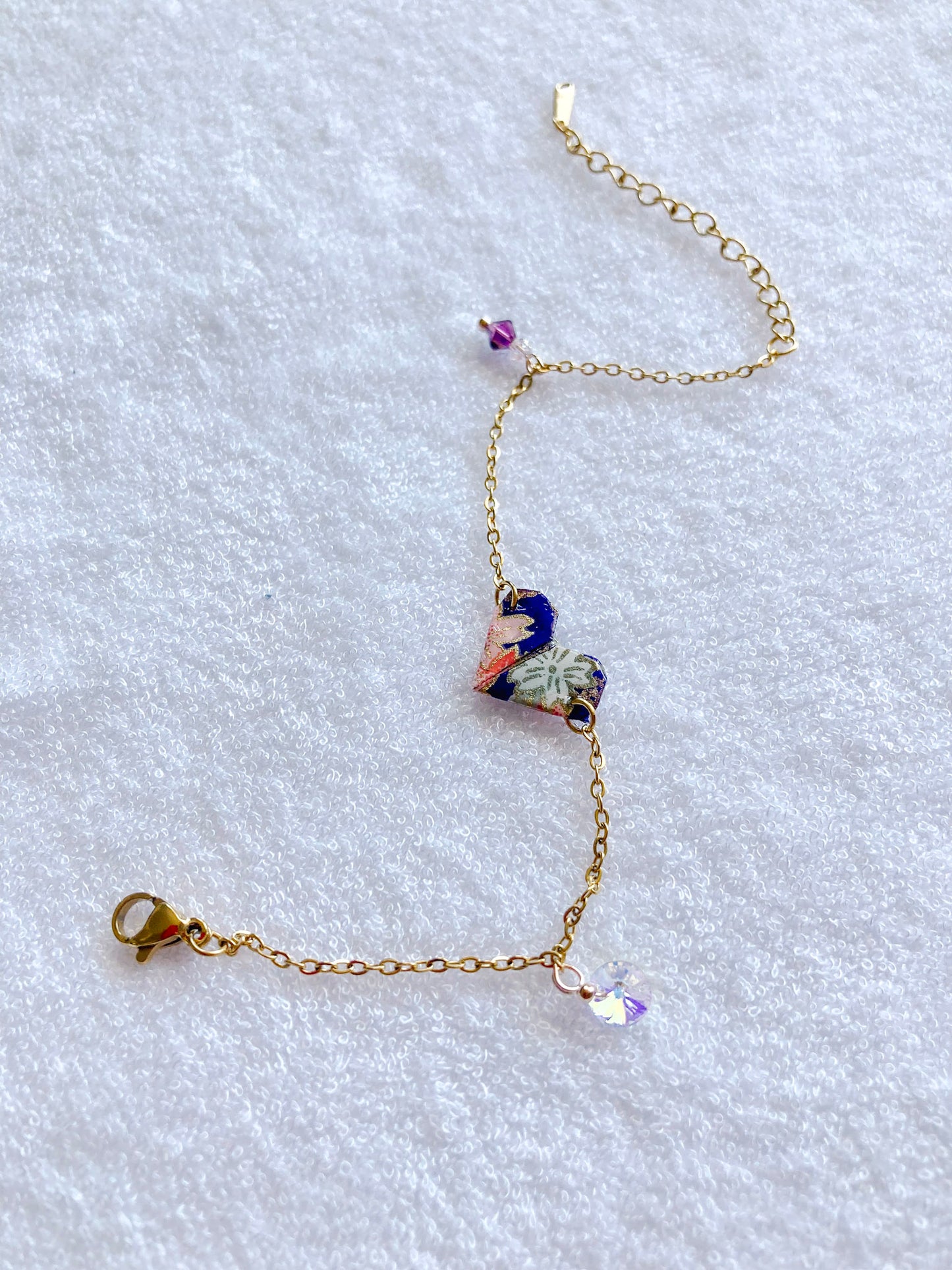 Origami-Love-Heart-Bracelet-Swarovski-Crystals-Gold-Chain-Purple