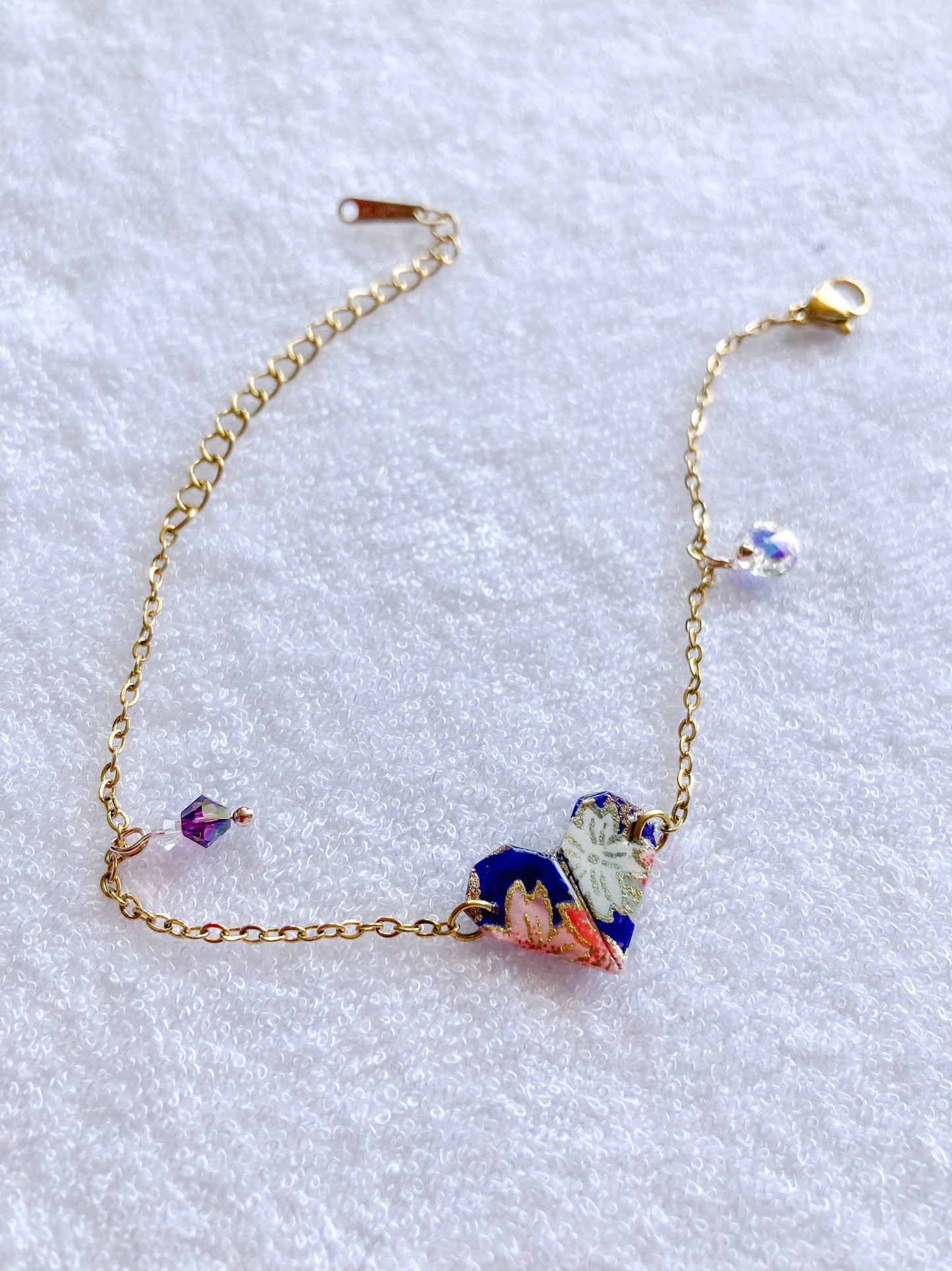 Origami-Love-Heart-Bracelet-Swarovski-Crystals-Gold-Chain-Purple