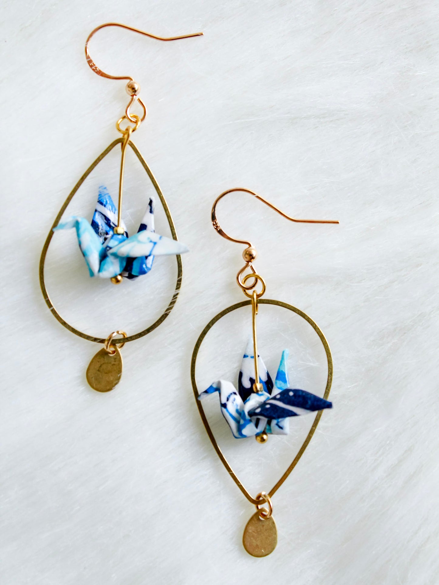 Whimsy- Crane- Teardrops- Artful-Flip -Earrings-Blue