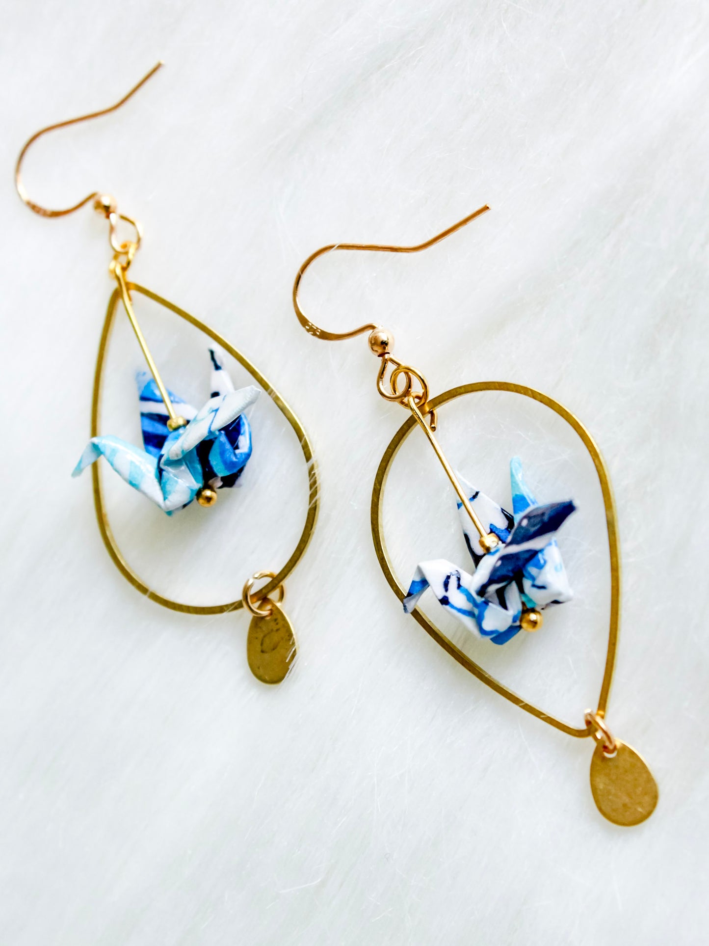 Whimsy- Crane- Teardrops- Artful-Flip -Earrings-Blue