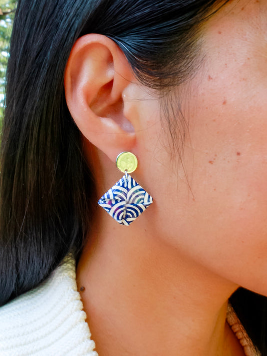 Handmade blue wave origami stud earrings – hypoallergenic, gold-plated stainless steel, ocean-inspired gift for her.