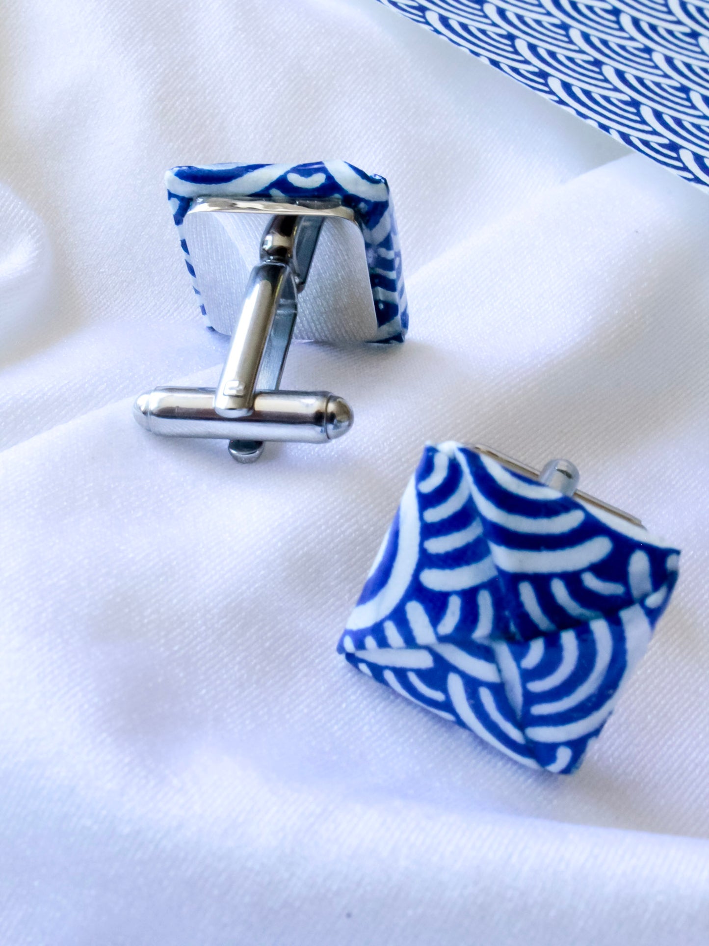 Blue wave origami cufflinks – stainless steel, ocean-inspired wedding or anniversary gift for him. Father's Day or birthday gifts.