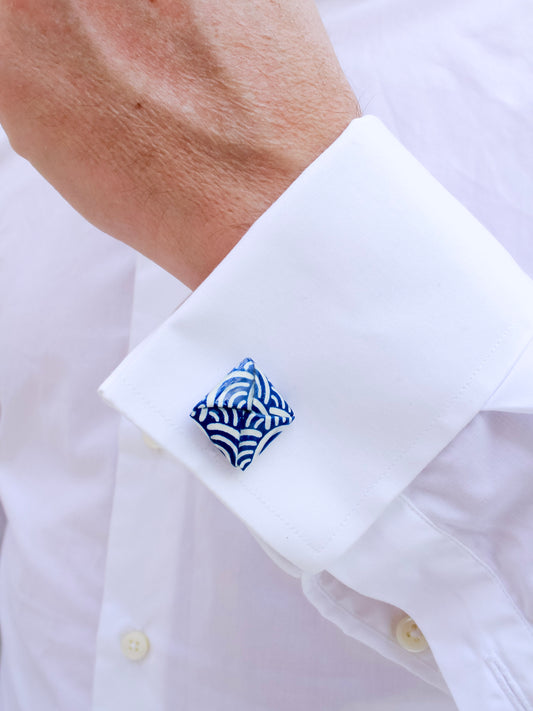 Blue wave origami cufflinks – stainless steel, ocean-inspired wedding or anniversary gift for him. Father's Day or birthday gifts.