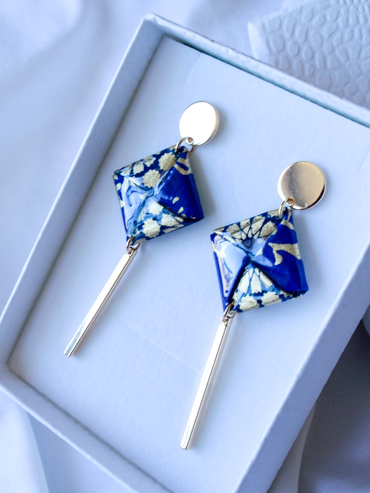 navy gold origami square dangle earrings – hypoallergenic gold-plated stainless steel, meaningful jewellery for her.