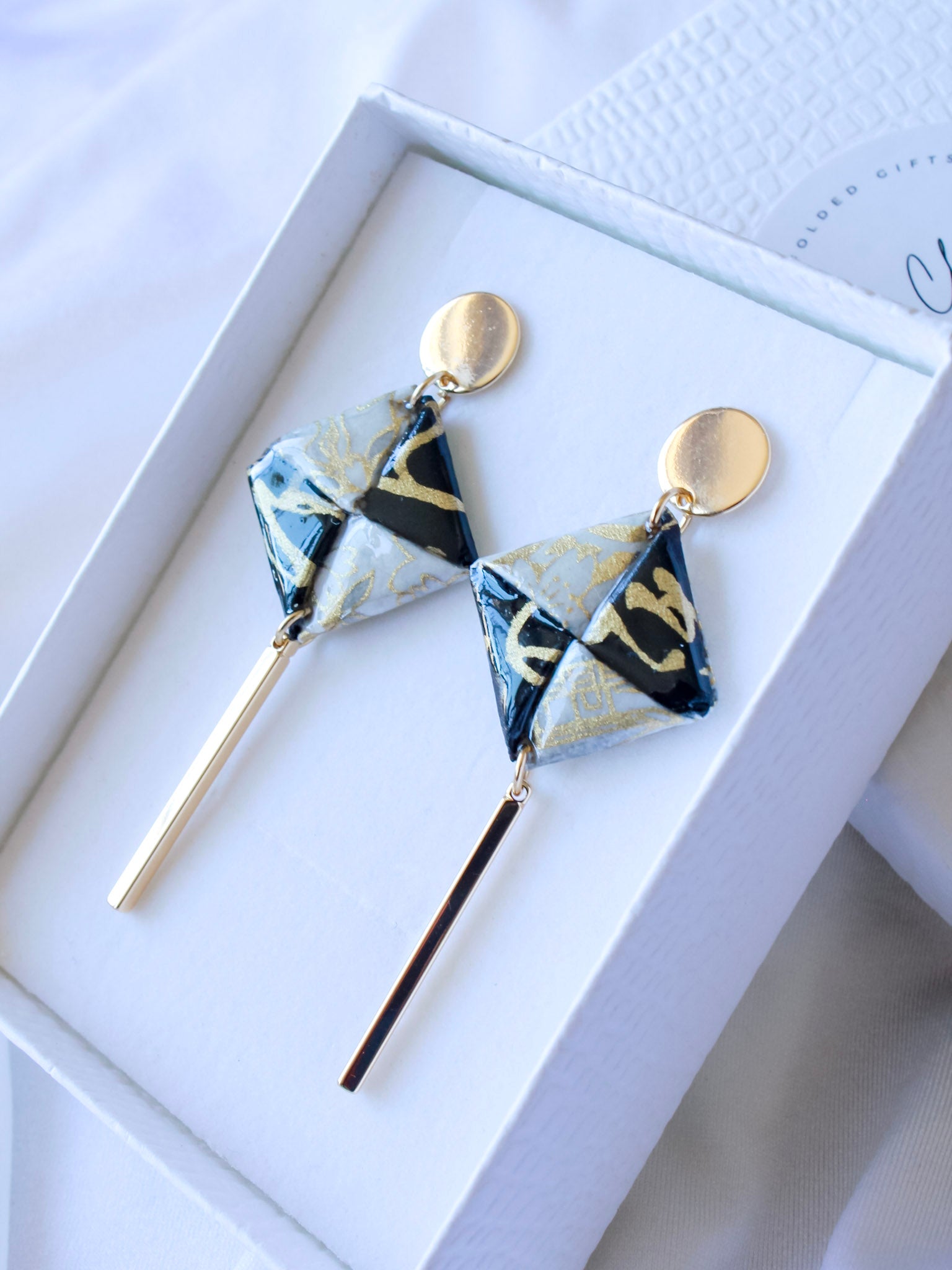 Handmade Black & gold floral origami dangle earrings – hypoallergenic gold-plated stainless steel, romantic jewellery for her