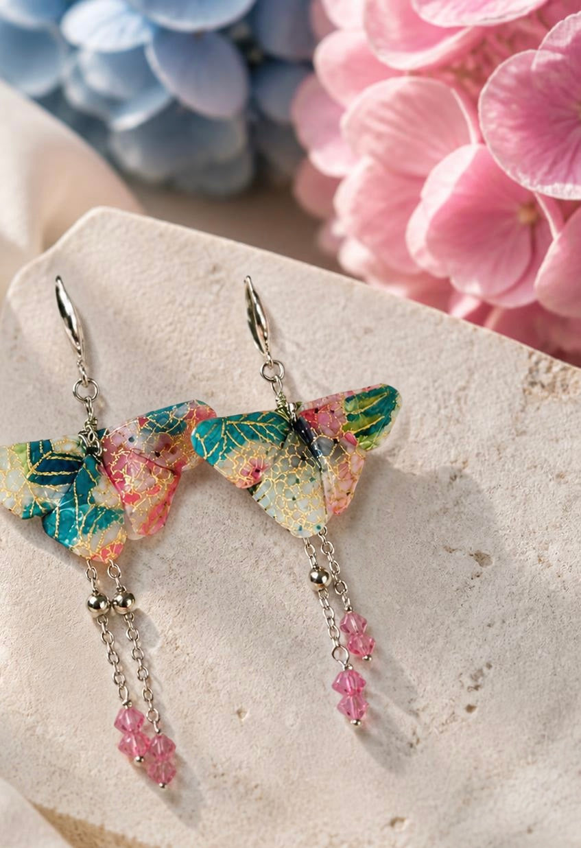 Rosy Wings | Origami Butterfly Statement Dangling Earrings | Handmade Japanese Washi Jewellery