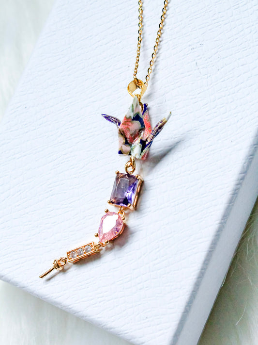 Origami Purple Crane Necklace Graceful Crystal Drops Necklace