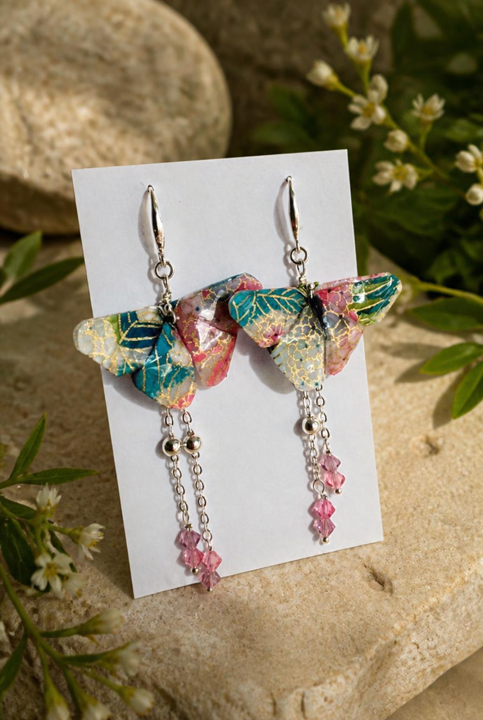 Rosy Wings | Origami Butterfly Statement Dangling Earrings | Handmade Japanese Washi Jewellery