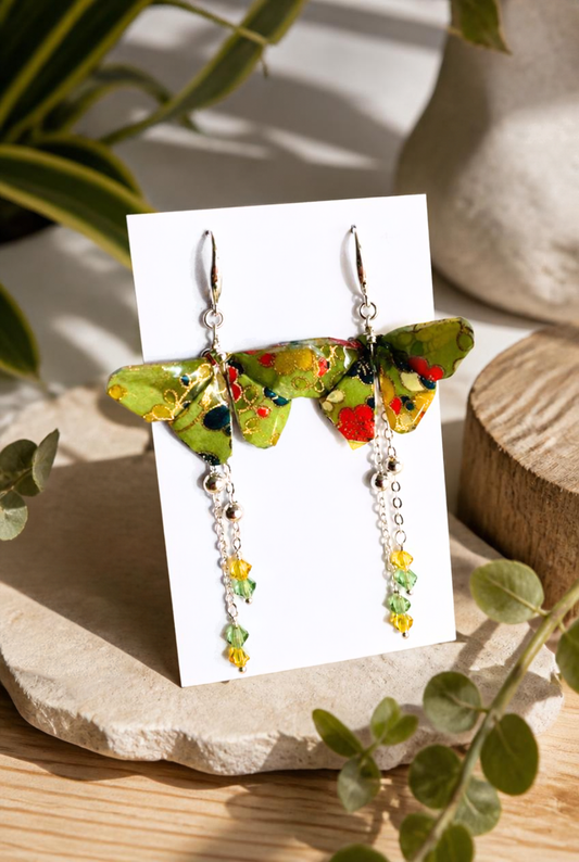 Spring Garden | Origami Butterfly Statement Dangling Earrings | Handmade Japanese Washi Jewellery