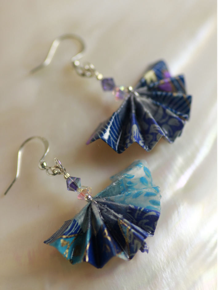 Handmade Origami Earrings – Fan Design with Swarovski Crystal