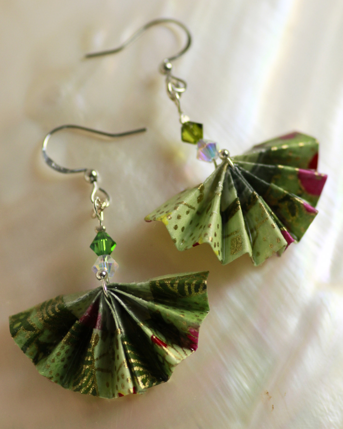 Handmade Origami Earrings – Fan Design with Swarovski Crystal