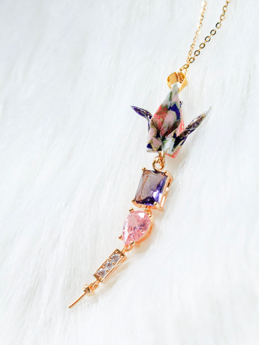 Origami Purple Crane Necklace Graceful Crystal Drops Necklace