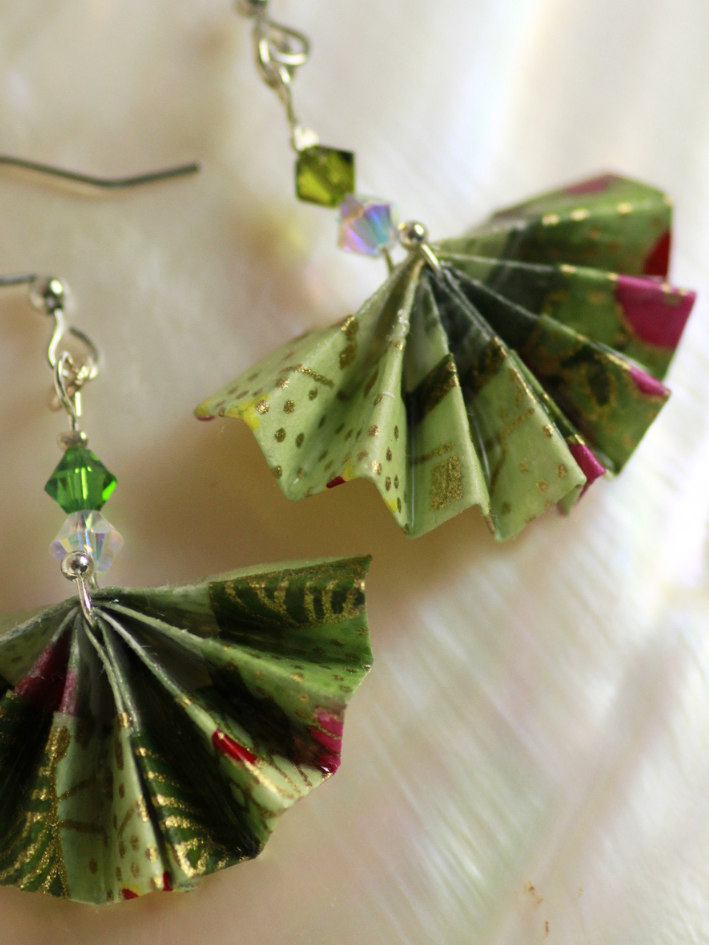 Handmade Origami Earrings – Fan Design with Swarovski Crystal
