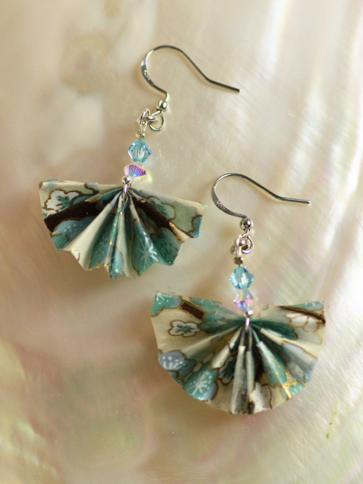 Handmade Origami Earrings – Fan Design with Swarovski Crystal