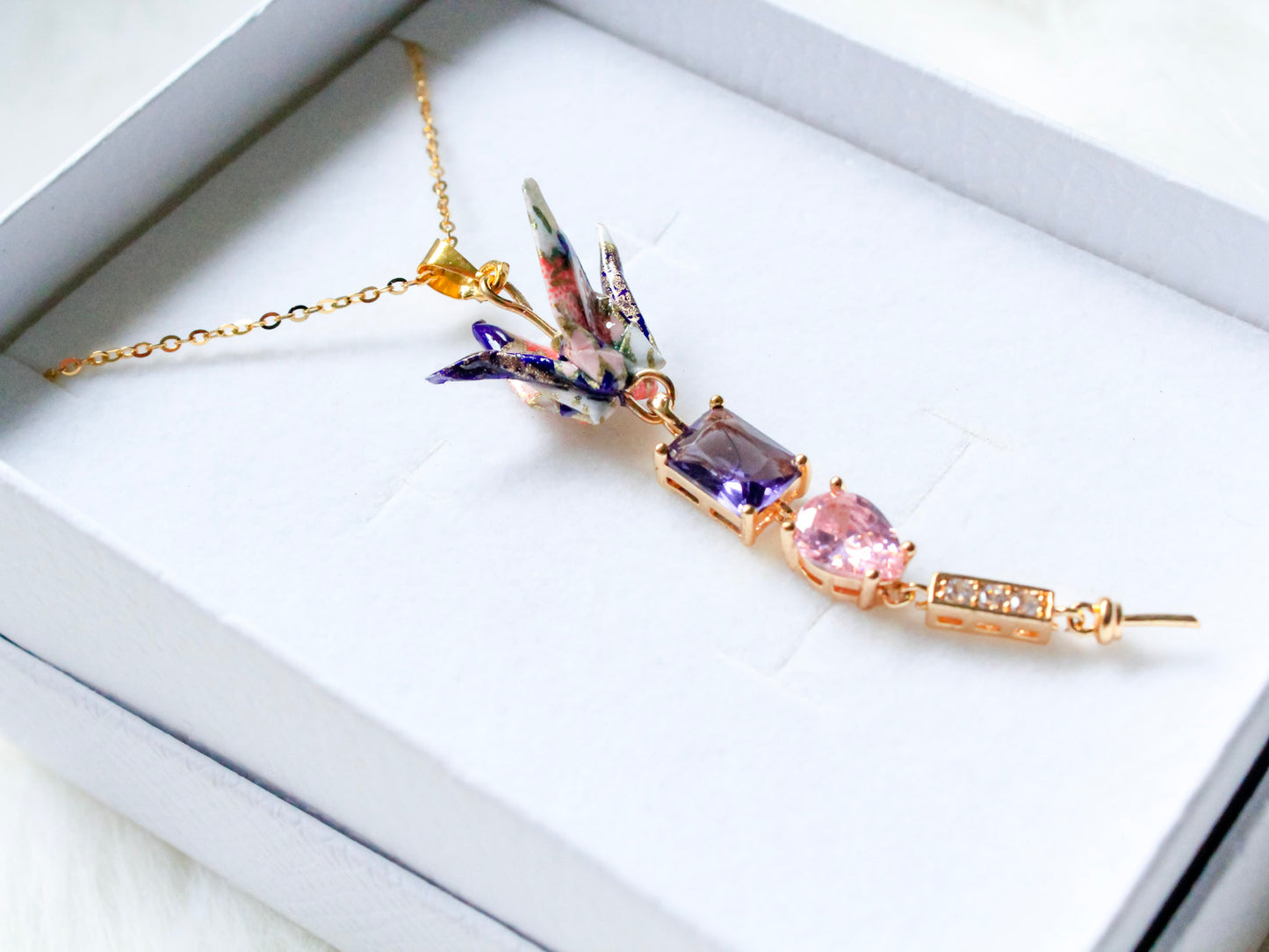 Origami Purple Crane Necklace Graceful Crystal Drops Necklace