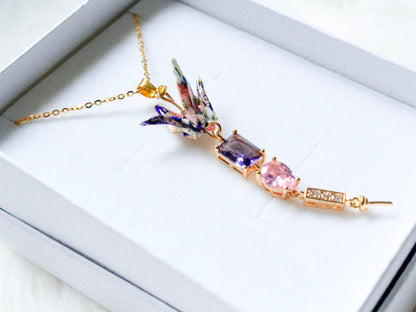 Origami Purple Crane Necklace Graceful Crystal Drops Necklace