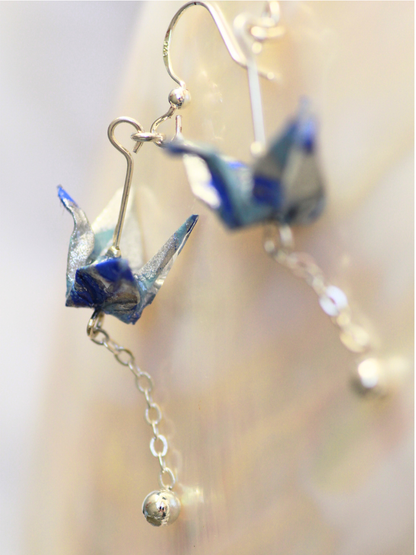 Blue origami crane earrings with silver chains. Best gift for mother's day