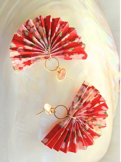 Mother’s Day Gift Origami Fan Earrings | Crimson Bloom Cherry Blossom Statement Jewelry
