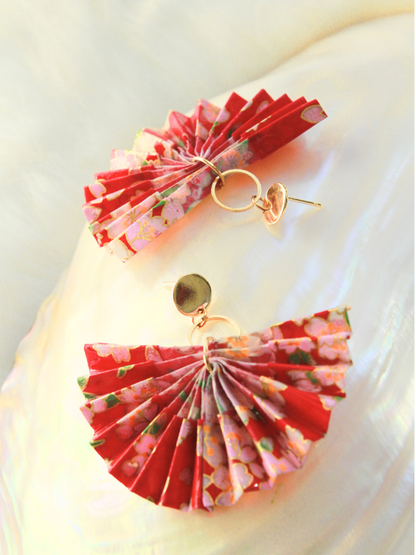 Mother’s Day Gift Origami Fan Earrings | Crimson Bloom Cherry Blossom Statement Jewelry