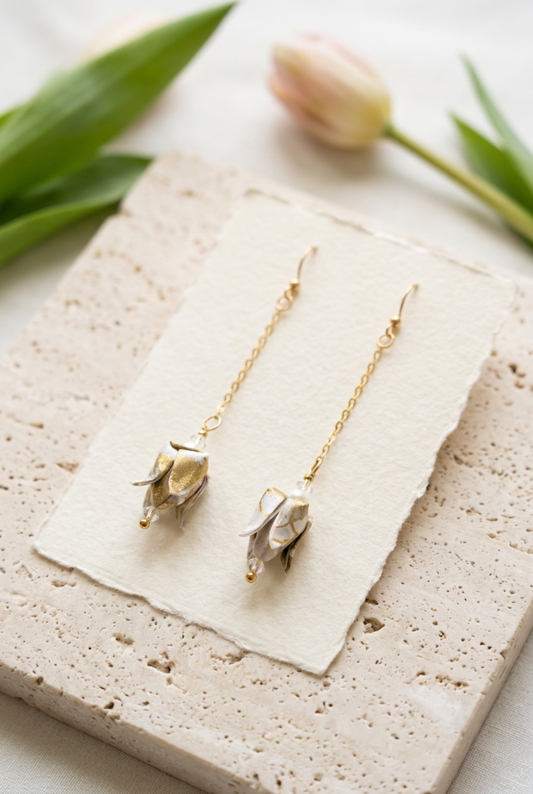 Origami Tulip Earrings Australia | Golden White Handmade Japanese Washi Jewellery