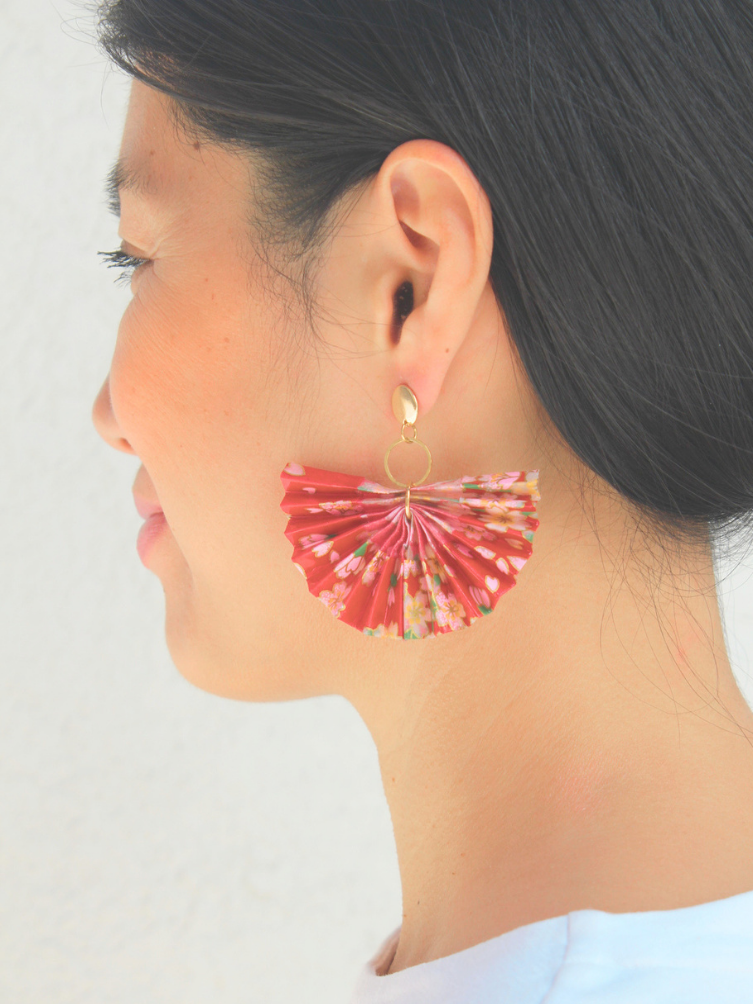 Mother’s Day Gift Origami Fan Earrings | Crimson Bloom Cherry Blossom Statement Jewelry