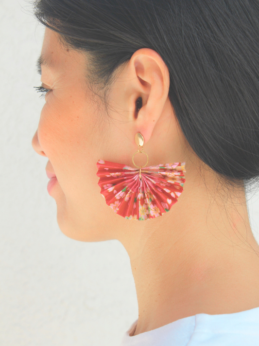 Mother’s Day Gift Origami Fan Earrings | Crimson Bloom Cherry Blossom Statement Jewelry