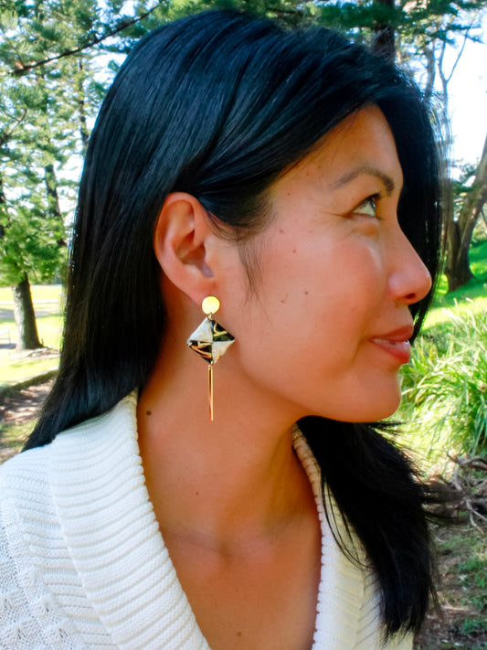 Handmade Black & gold floral origami dangle earrings – hypoallergenic gold-plated stainless steel, romantic jewellery for her