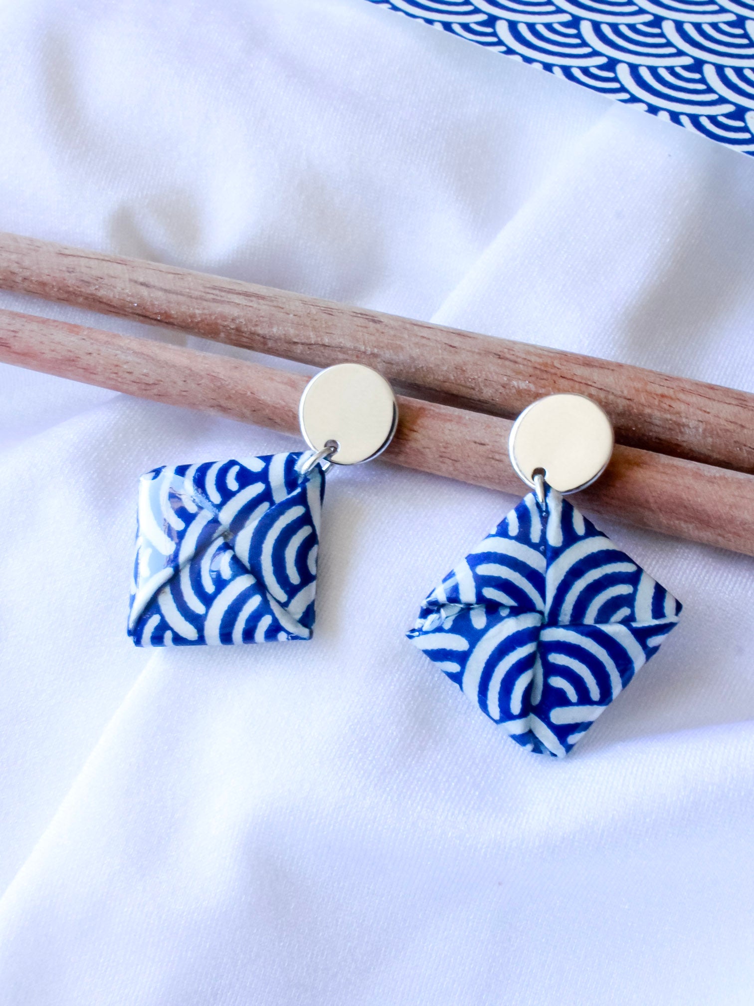 Handmade blue wave origami stud earrings – hypoallergenic, gold-plated stainless steel, ocean-inspired gift for her.