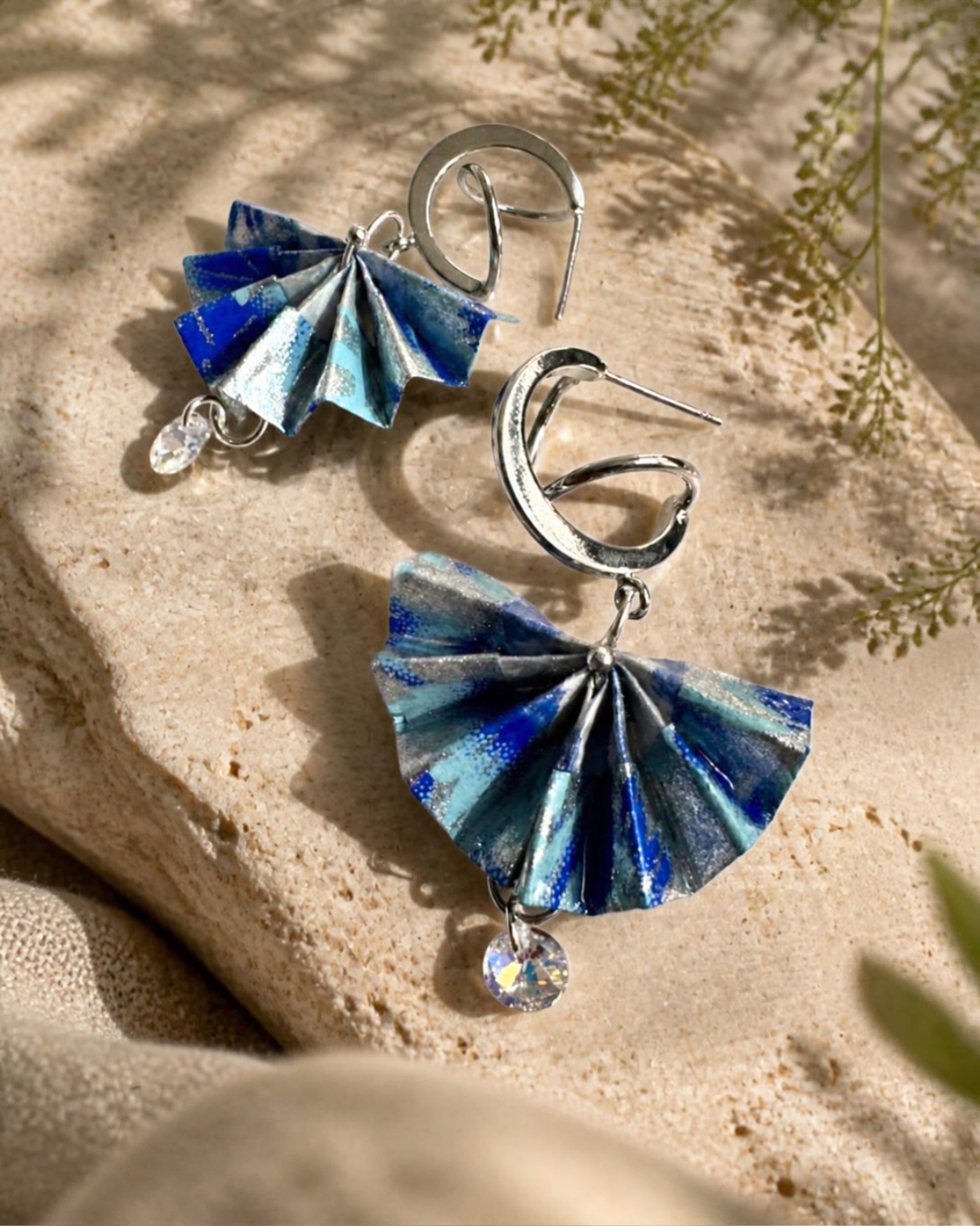 Origami Fan Earrings Australia | Blue Silver Japanese Washi Jewellery