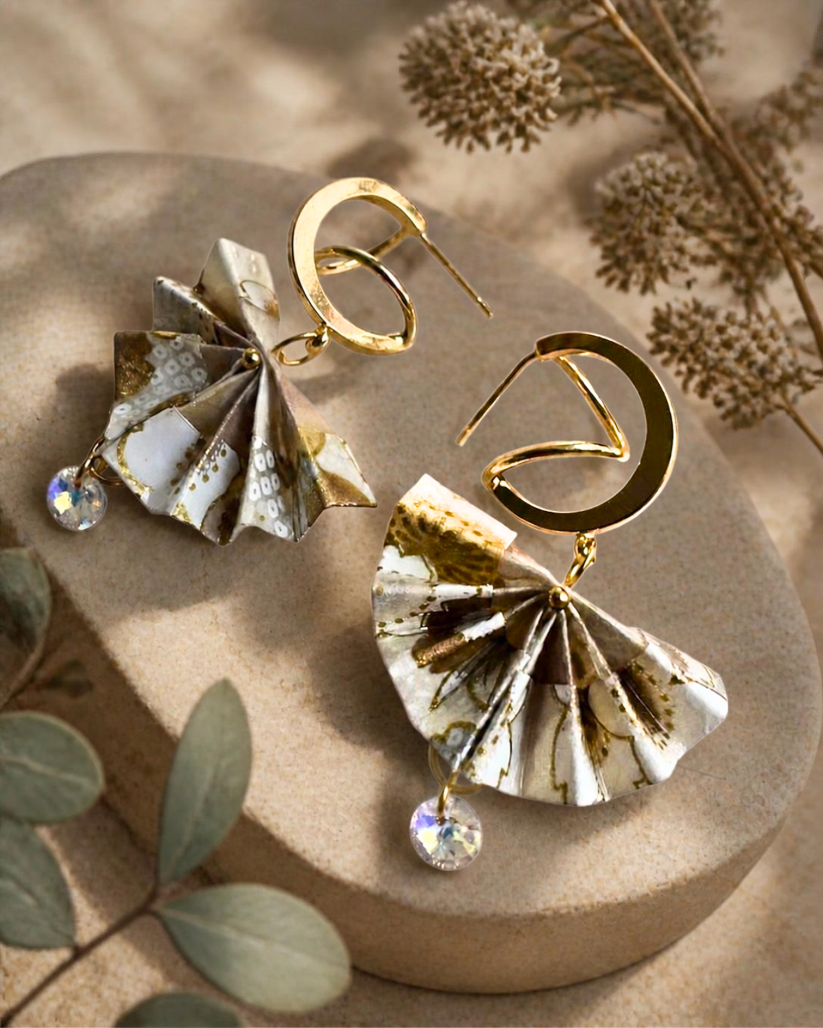 Origami Fan Earrings Australia | White Gold Japanese Washi Jewellery