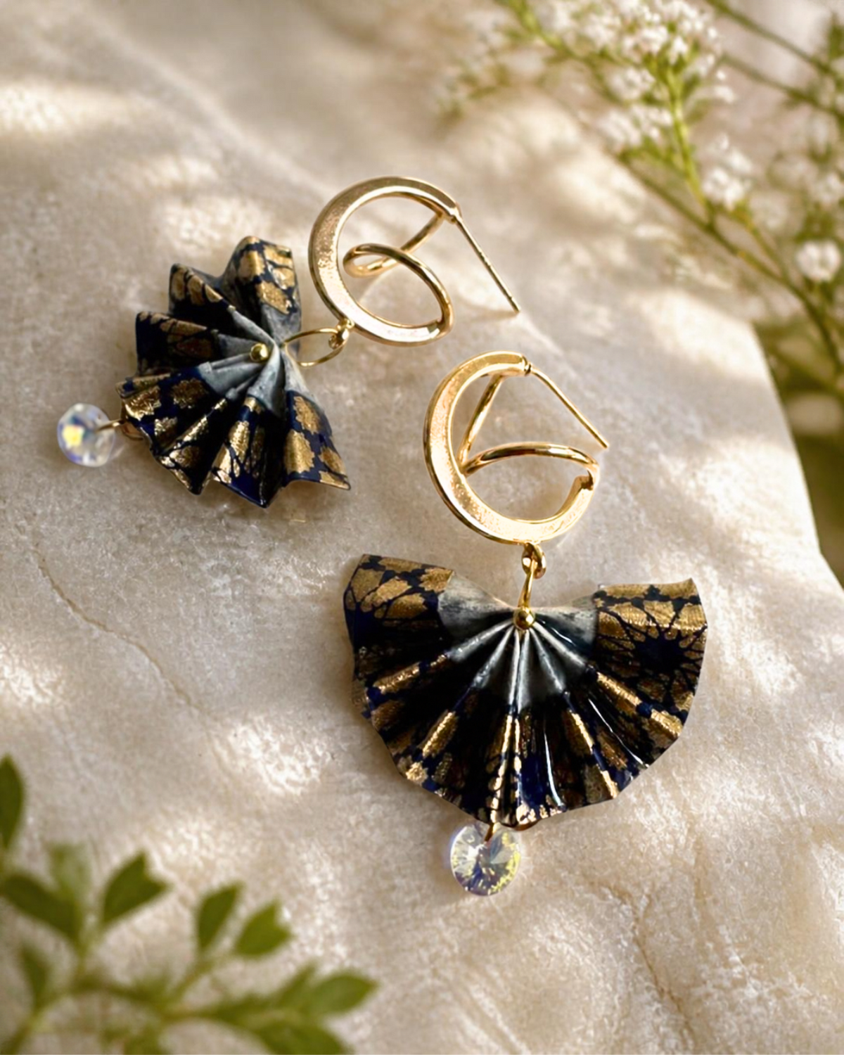 Origami Fan Earrings Australia | Navy Gold Japanese Washi Jewellery