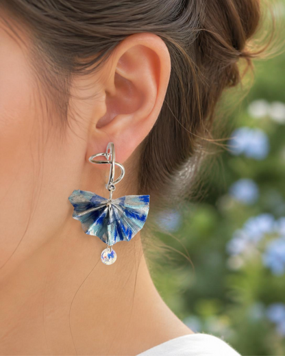 Origami Fan Earrings Australia | Blue Silver Japanese Washi Jewellery