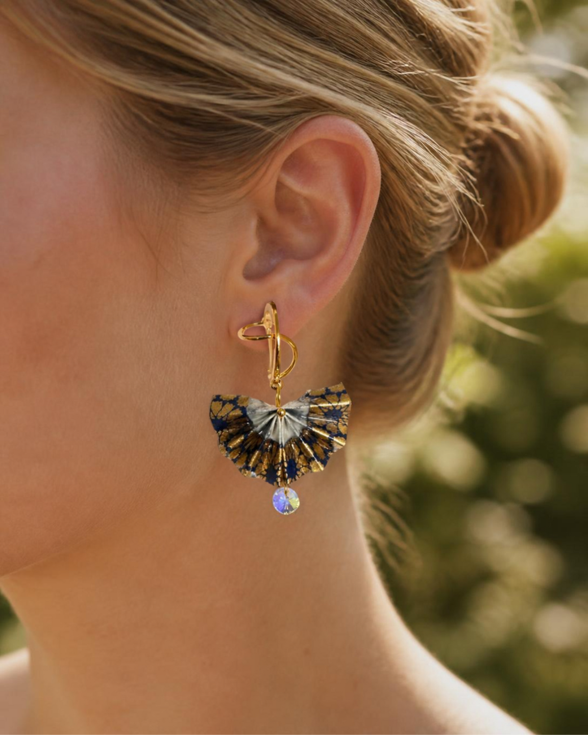 Origami Fan Earrings Australia | Navy Gold Japanese Washi Jewellery