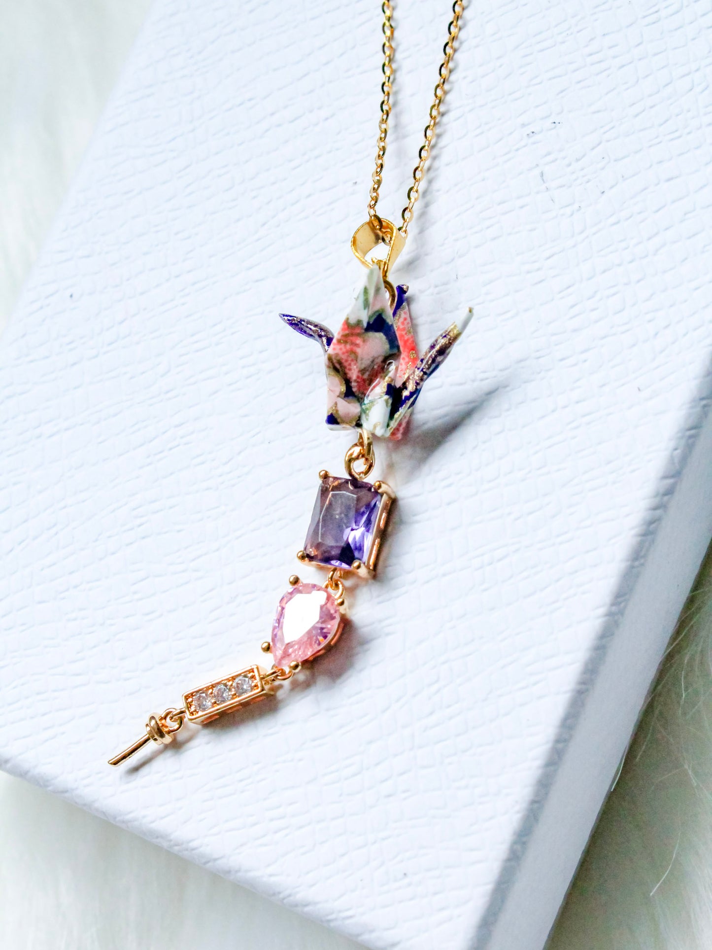 Mother’s Day Origami Crane Necklace | Handmade Purple Crystal Gift for Mom