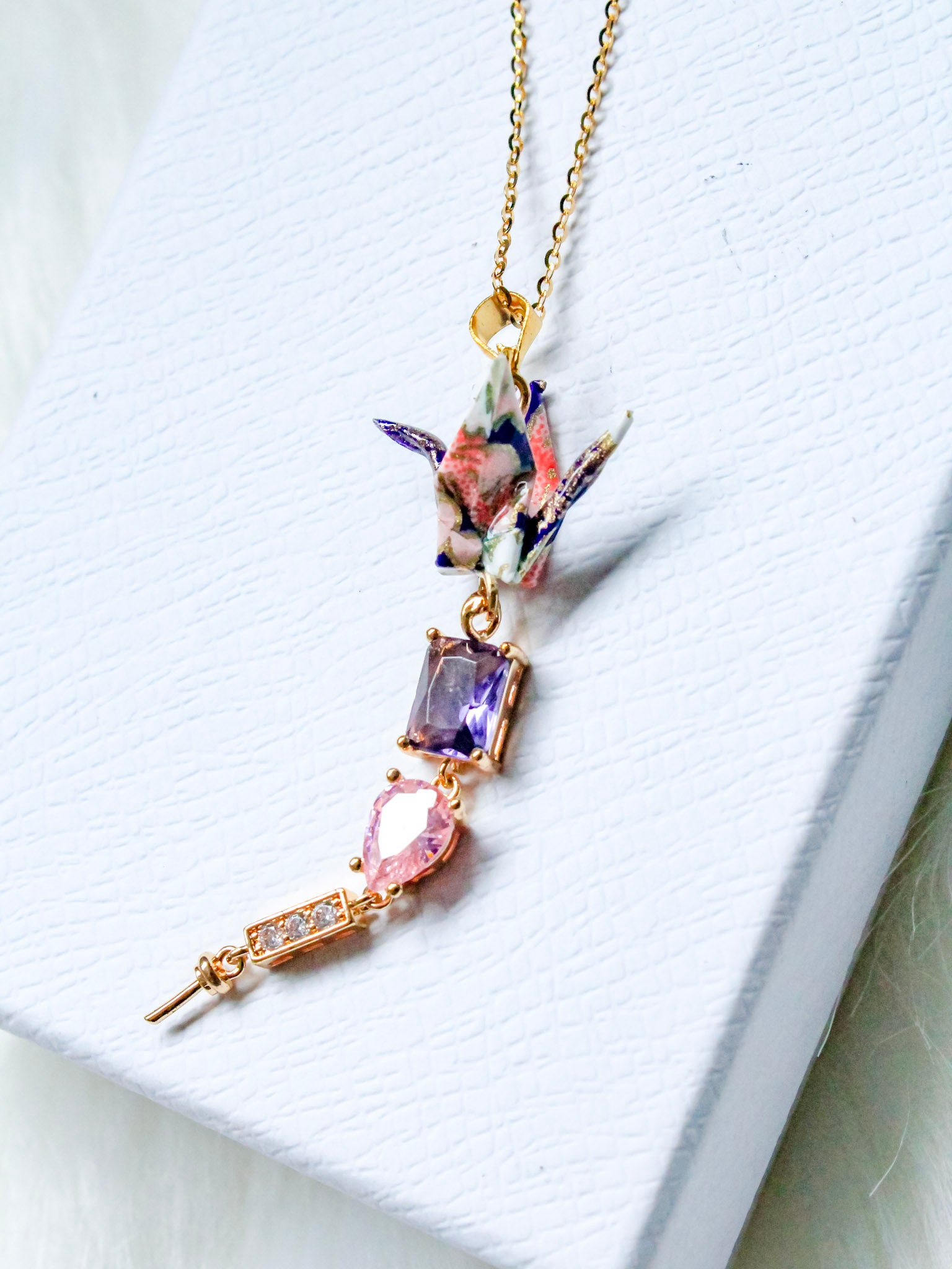 Mother’s Day Origami Crane Necklace | Handmade Purple Crystal Gift for Mom