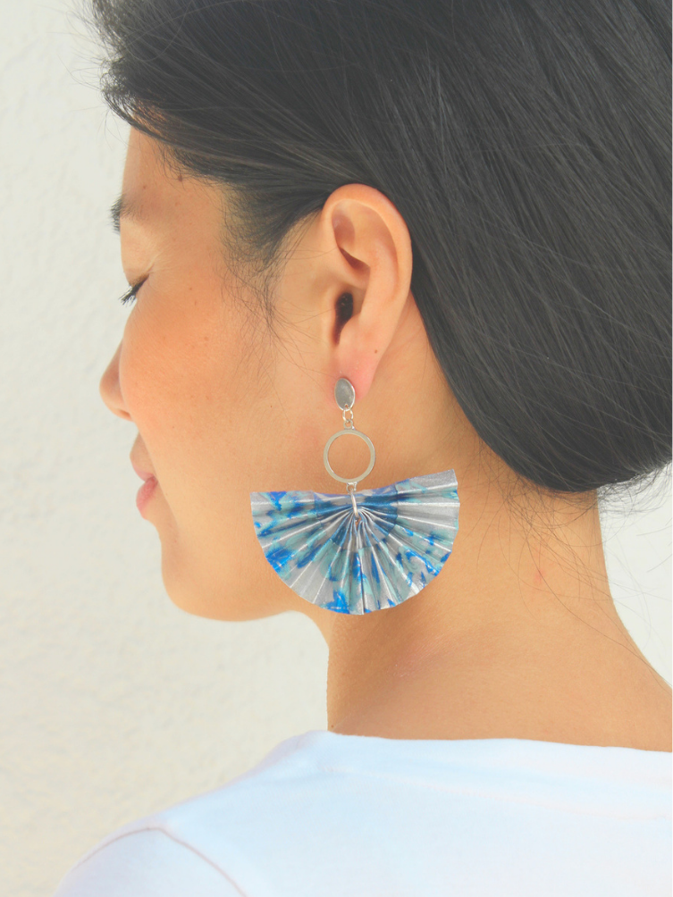 Mother’s Day Gift Origami Fan Earrings | Ocean Sky Silver Blue Statement Jewelry