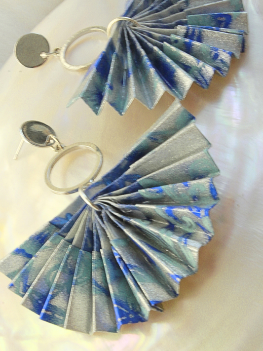 Mother’s Day Gift Origami Fan Earrings | Ocean Sky Silver Blue Statement Jewelry