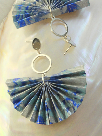 Mother’s Day Gift Origami Fan Earrings | Ocean Sky Silver Blue Statement Jewelry