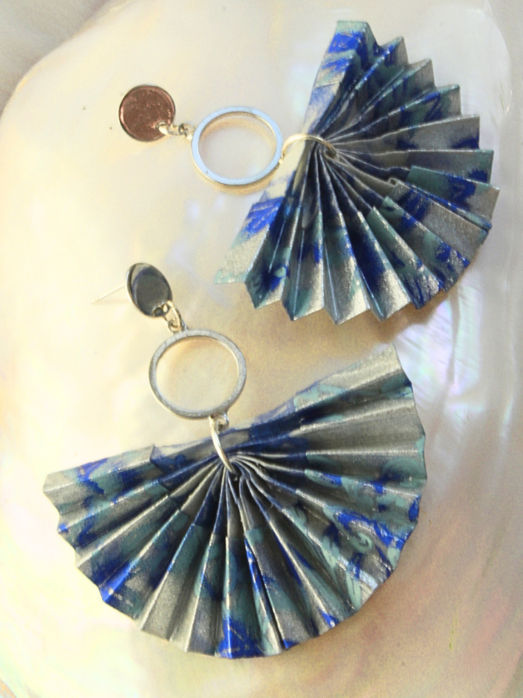 Mother’s Day Gift Origami Fan Earrings | Ocean Sky Silver Blue Statement Jewelry