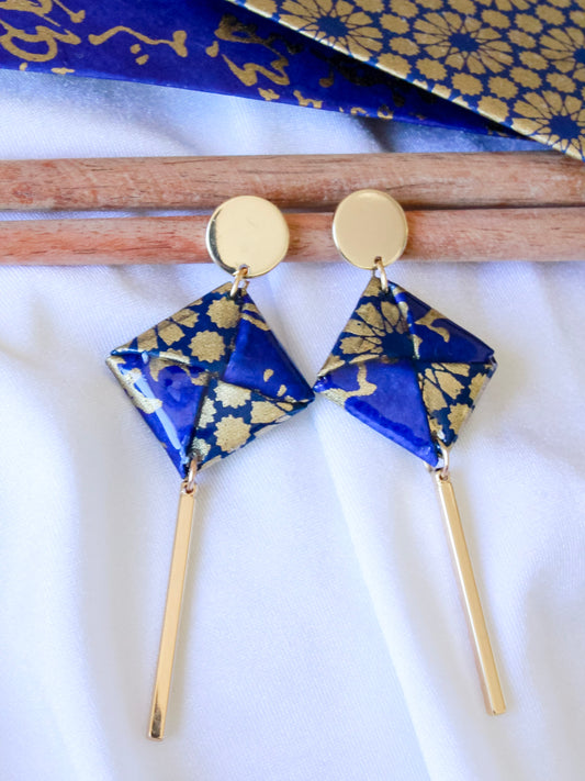 navy gold origami square dangle earrings – hypoallergenic gold-plated stainless steel, meaningful jewellery for her.
