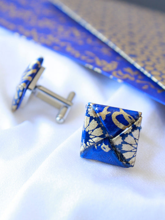 Navy gold origami square cufflinks – stainless steel, meaningful wedding gift for him. Father's day gift and special occasions. 