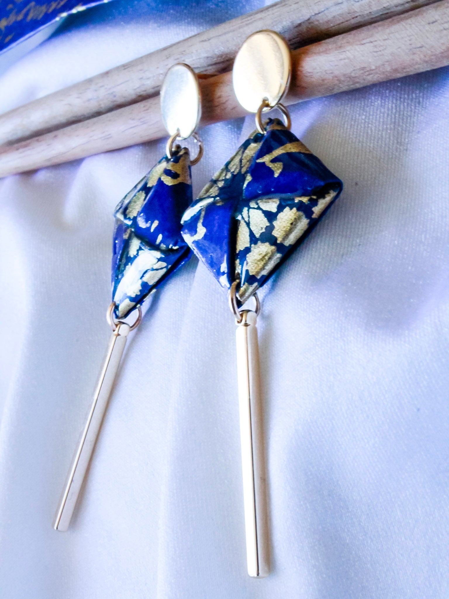 navy gold origami square dangle earrings – hypoallergenic gold-plated stainless steel, meaningful jewellery for her.