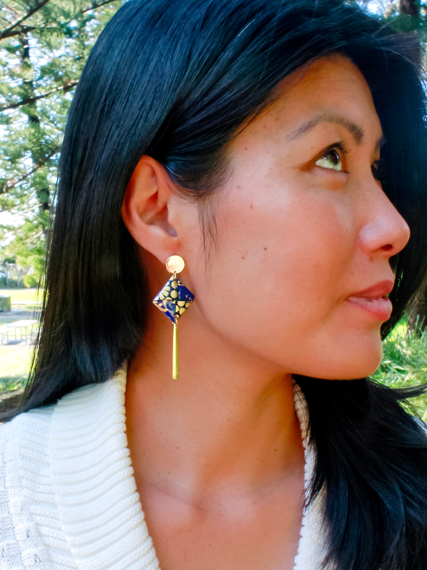 navy gold origami square dangle earrings – hypoallergenic gold-plated stainless steel, meaningful jewellery for her.