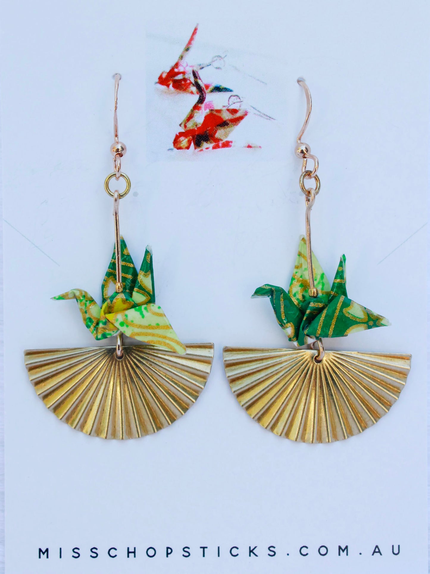 Origami-Crane-Earrings-Golden-Fan-Green
