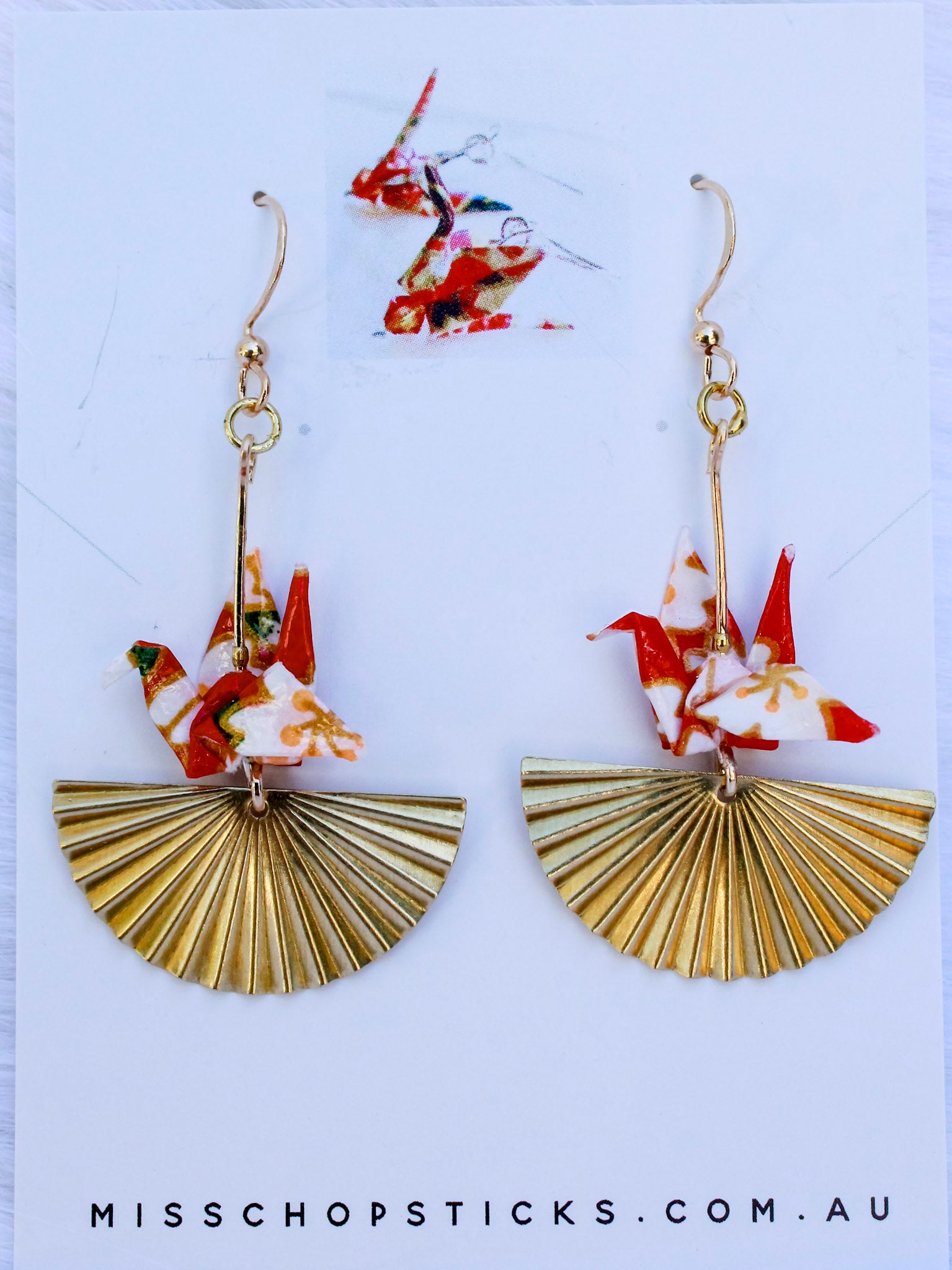 Origami-Crane-Earrings-Golden-Fan-Red