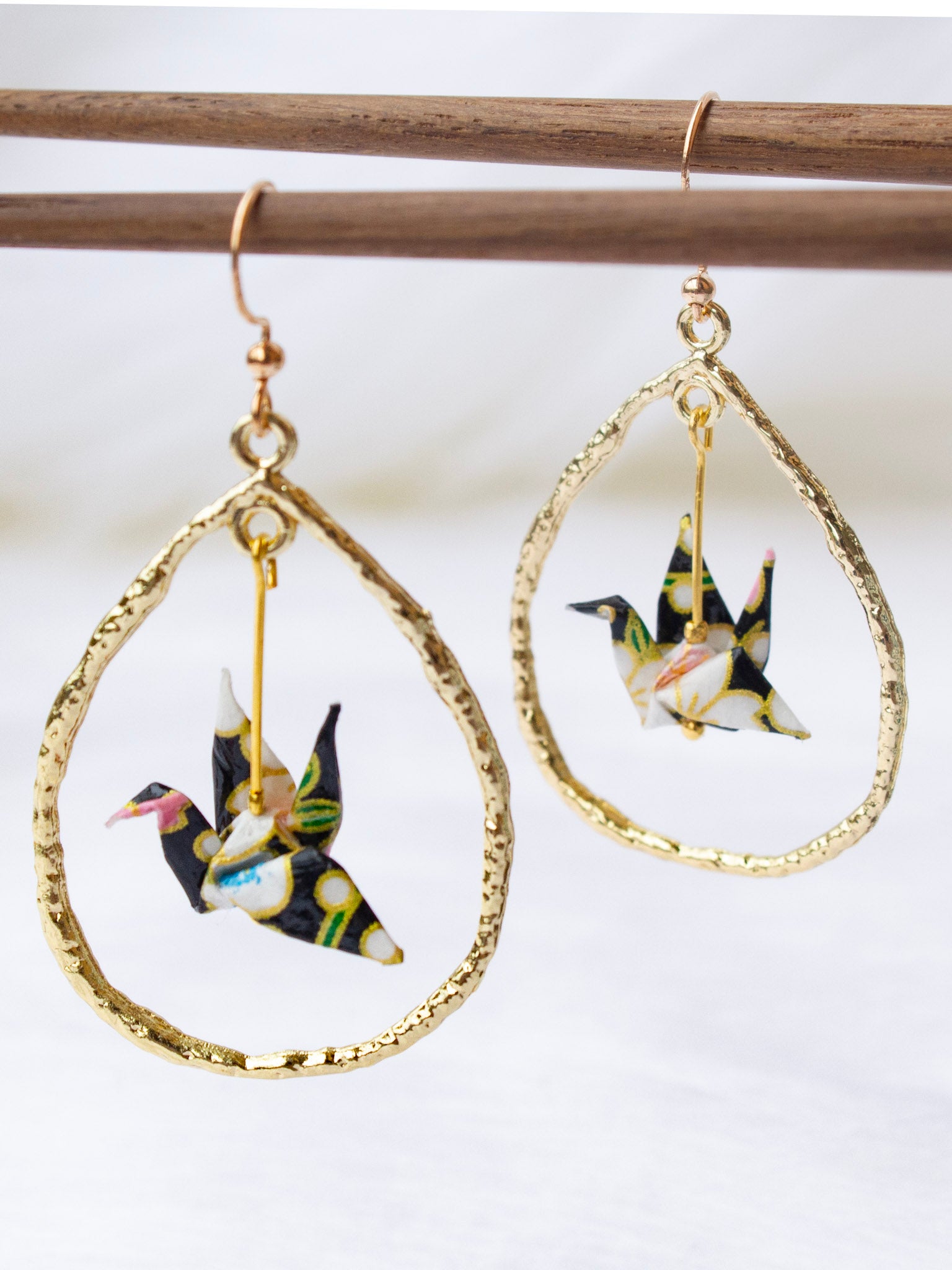 Origami-Crane-Earrings-Tear-Drop-Gold-Loop-Black
