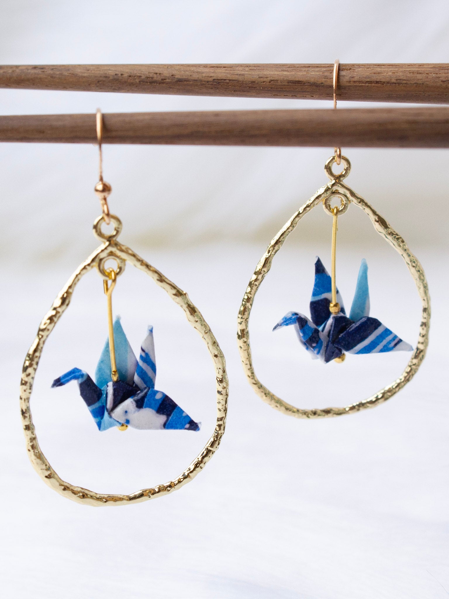 Origami-Crane-Earrings-Tear-Drop-Gold-Loop-Blue